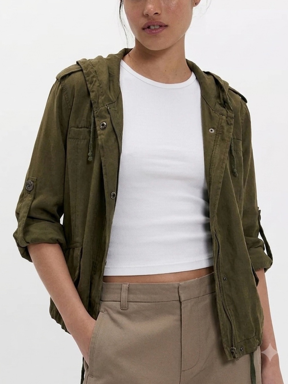 Brandy Melville Lightweight Hooded Zip Jacket Womens Size Small Olive Utility